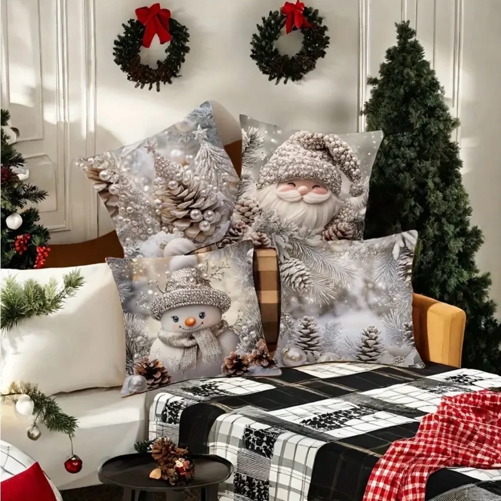 (New in Package)4 Pk Festive Holiday Pillow Cover Set with Santa and Snowman